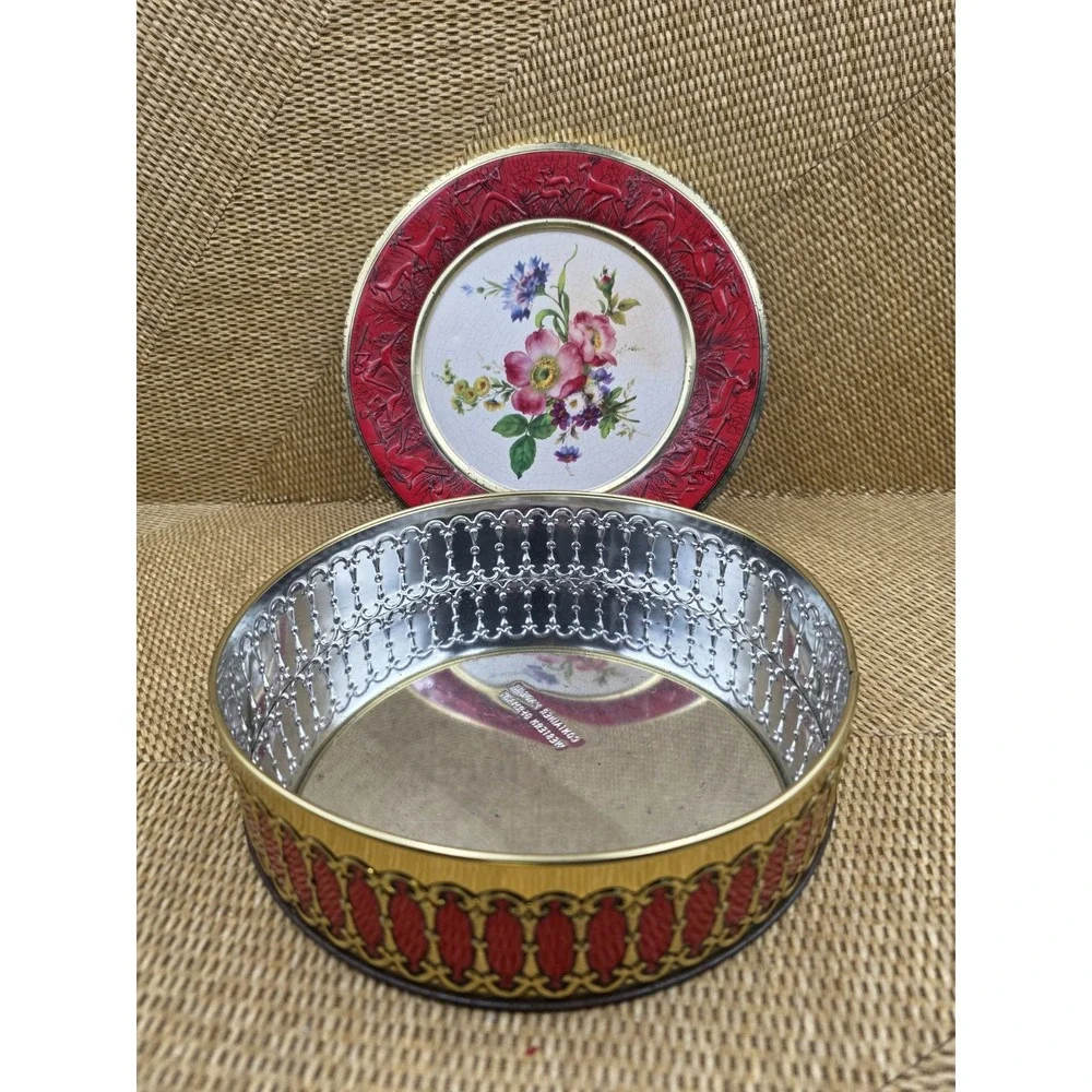 VTG Western Germany Decorative Tin Box Red & Gold Floral Embossed Container 8.5